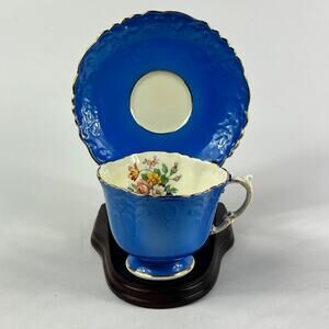 Aynsley England Bone China Teacup Saucer Set C511 Blue Floral Embossed Gold Trim